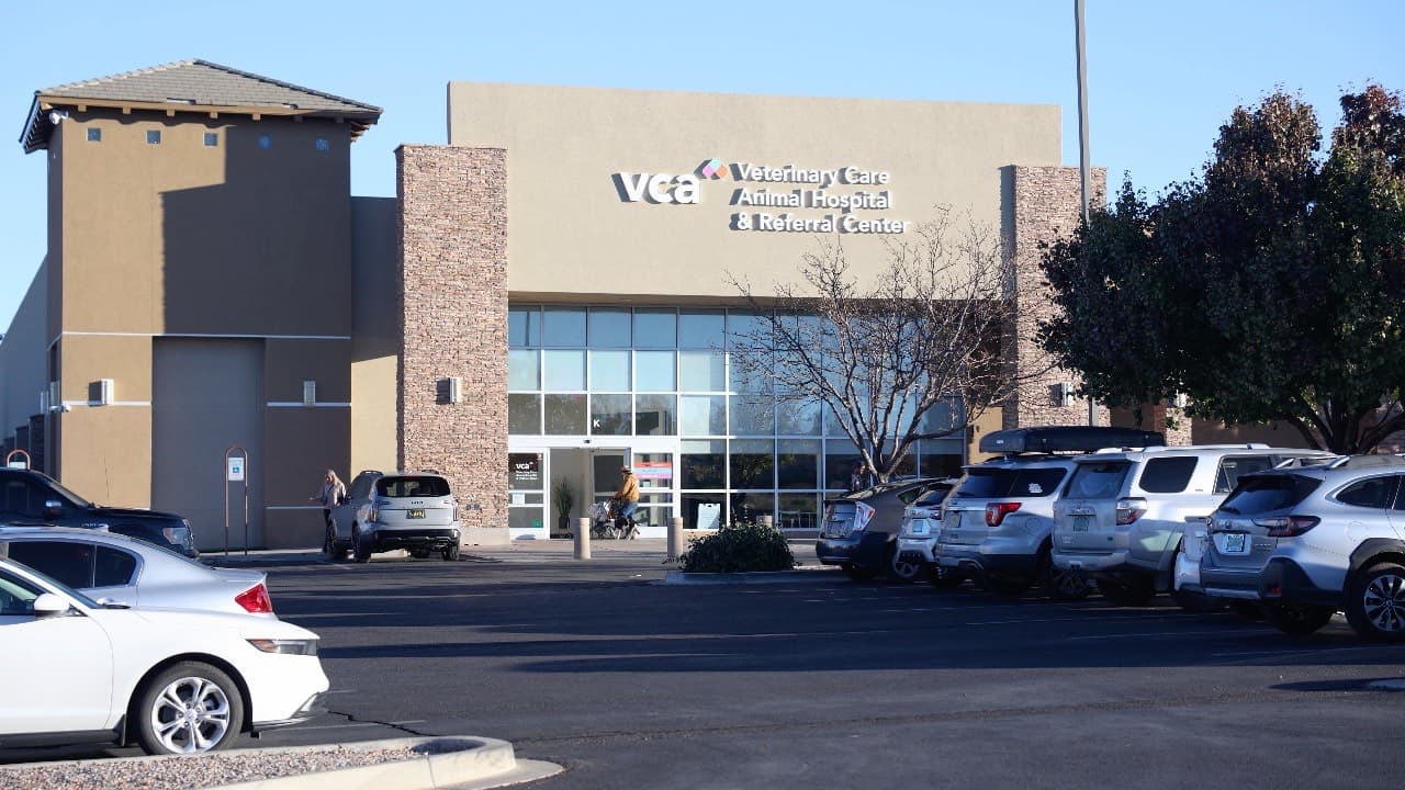 The VCA animal hospital from its parking lot, then a client carrying their corgi in to reception